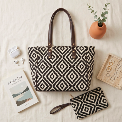 UT Jacquard 3-Partition Tote Bag with Free Phone Pouch - Black Tribal Weave - Surovi Bags