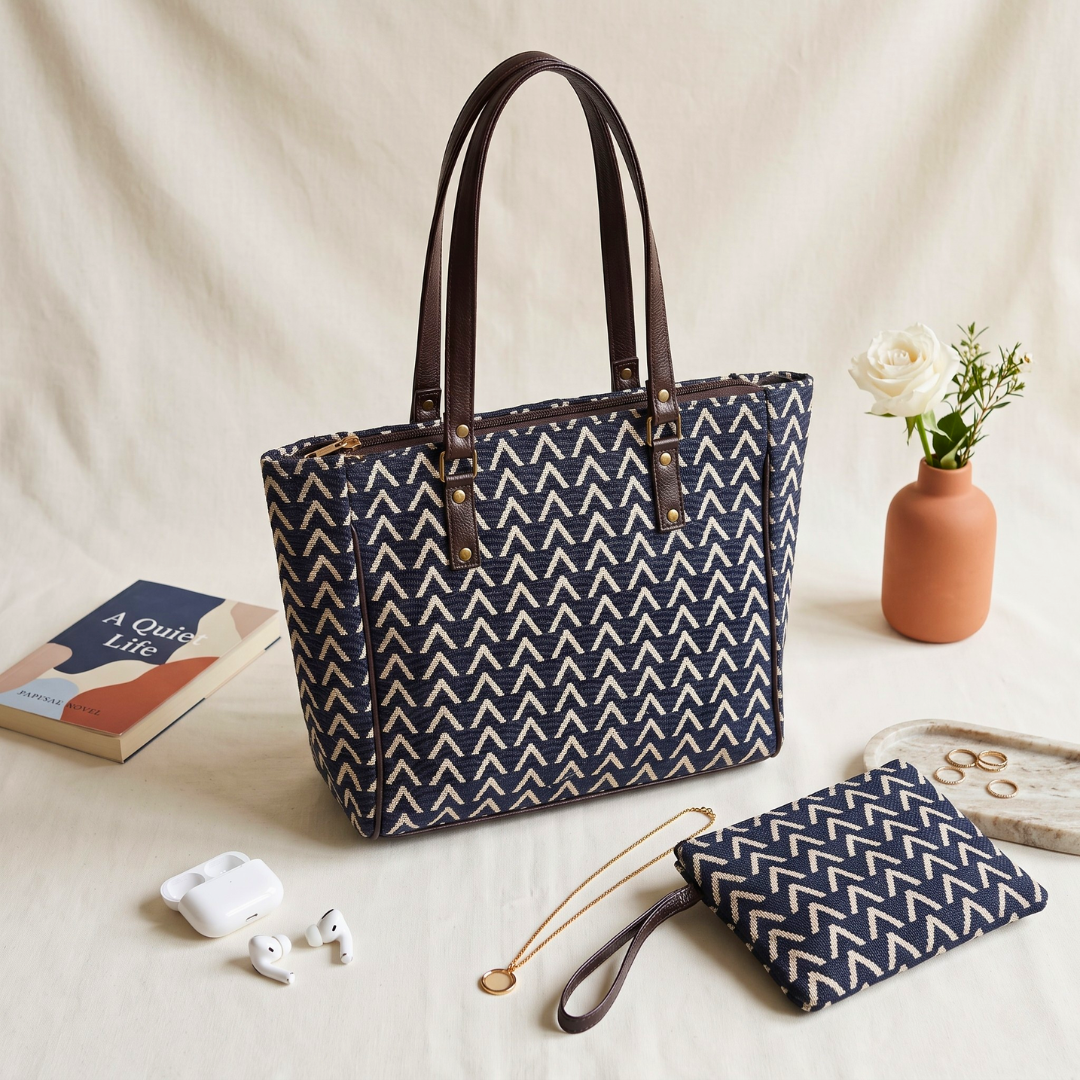 UT Jacquard 3-Partition Tote Bag with Free Phone Pouch - Navy Blue - Surovi Bags
