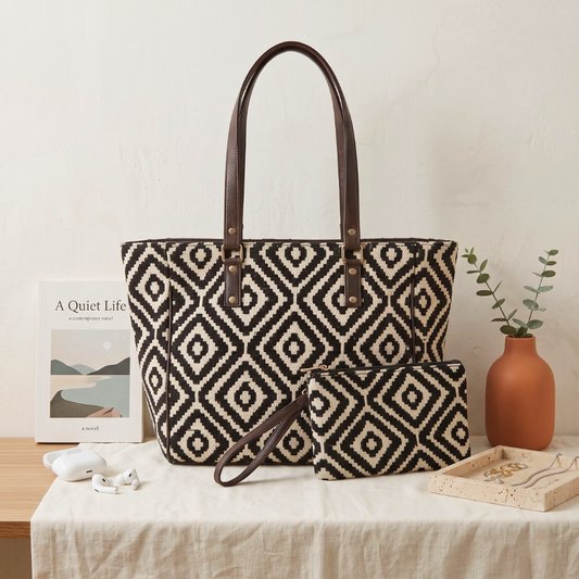 UT Jacquard 3-Partition Tote Bag with Free Phone Pouch - Black Tribal Weave