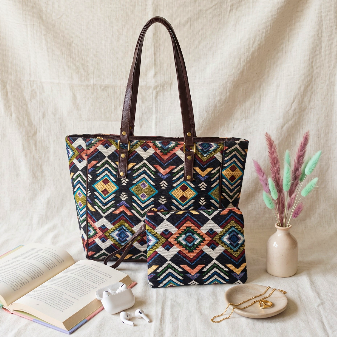 UT Jacquard 3-Partition Tote Bag with Free Phone Pouch - Tribal Weave