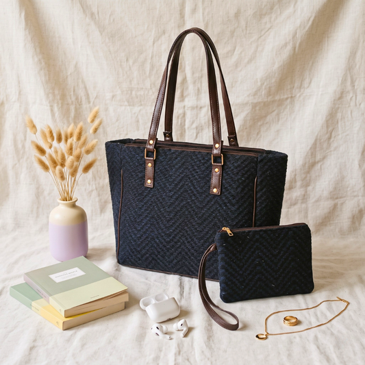 UT Jacquard 3-Partition Tote Bag with Free Phone Pouch - Navy Blue