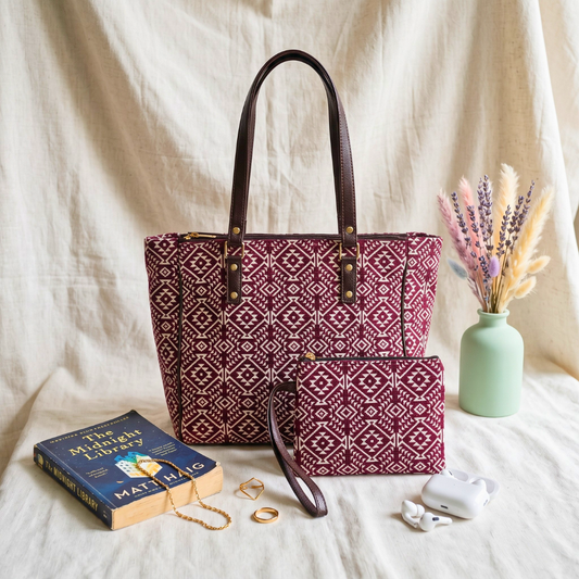 UT Jacquard 3-Partition Tote Bag with Free Phone Pouch - Red weave