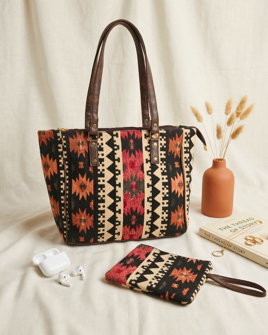 UT Jacquard 3-Partition Tote Bag with Free Phone Pouch - Orange Tribal Weave - Surovi Bags