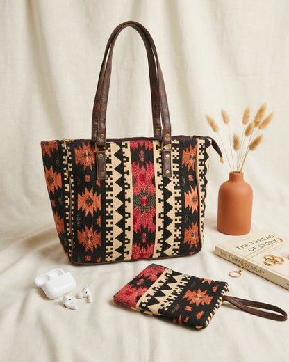 UT Jacquard 3-Partition Tote Bag with Free Phone Pouch - Orange Tribal Weave - Surovi Bags