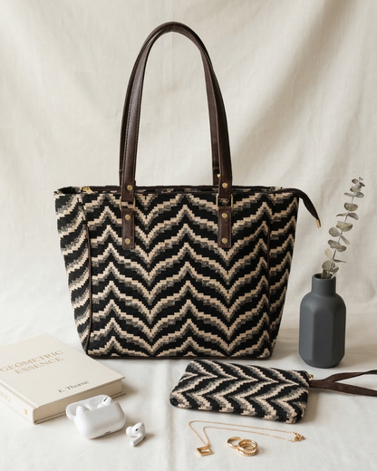 UT Jacquard 3-Partition Tote Bag with Free Phone Pouch - Wave - Surovi Bags