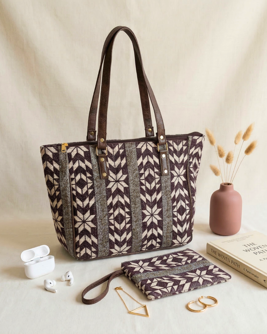 UT Jacquard 3-Partition Tote Bag with Free Phone Pouch - Grey weave - Surovi Bags