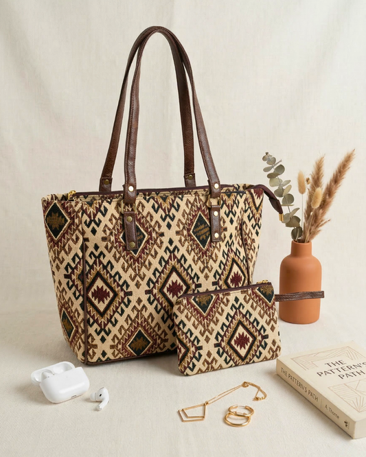 UT Jacquard 3-Partition Tote Bag with Free Phone Pouch - Beige Weave - Surovi Bags