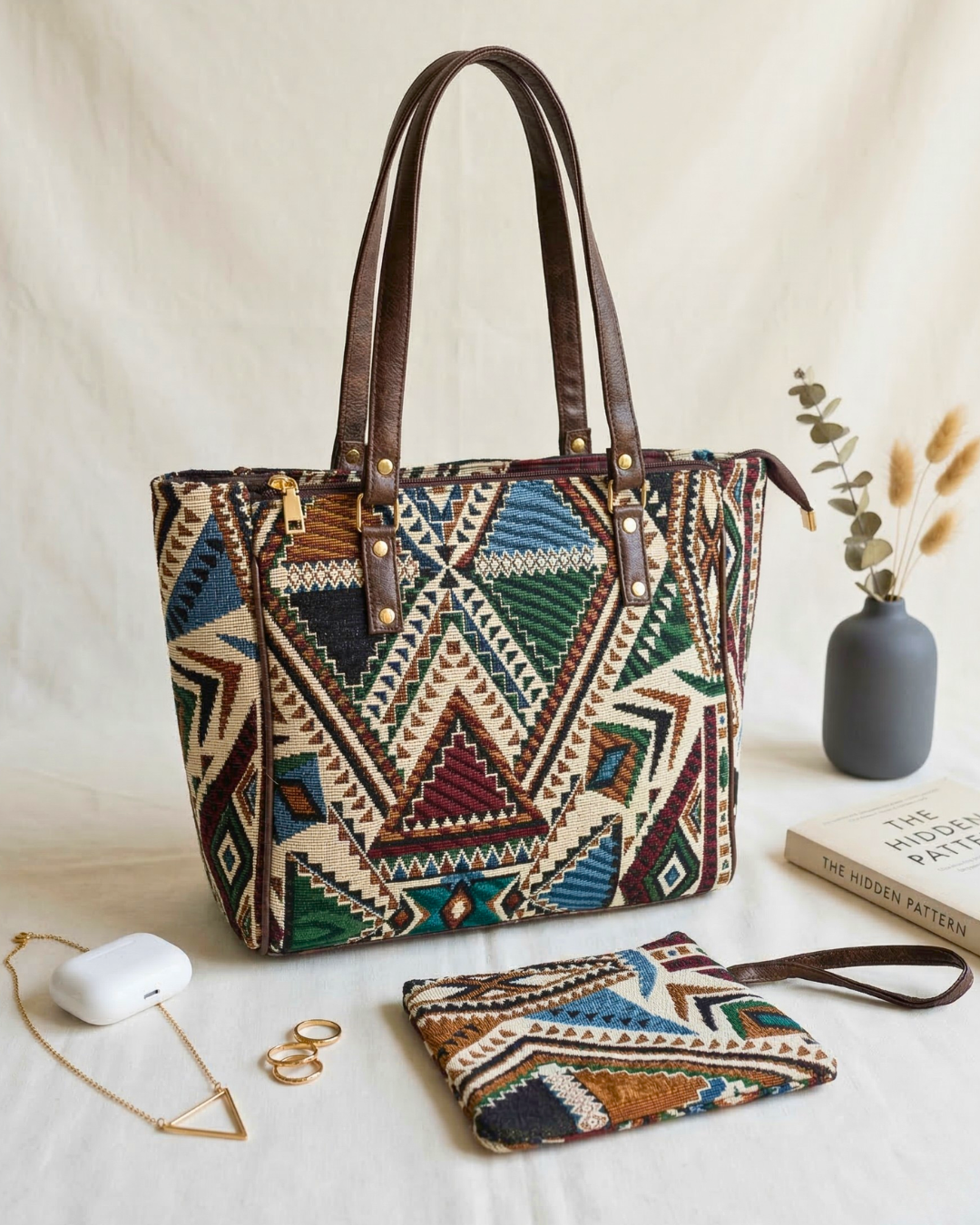 UT Jacquard 3-Partition Tote Bag with Free Phone Pouch - Green Tribal Weave - Surovi Bags