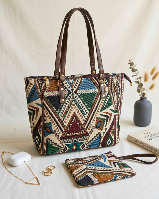 UT Jacquard 3-Partition Tote Bag with Free Phone Pouch - Green Tribal Weave - Surovi Bags