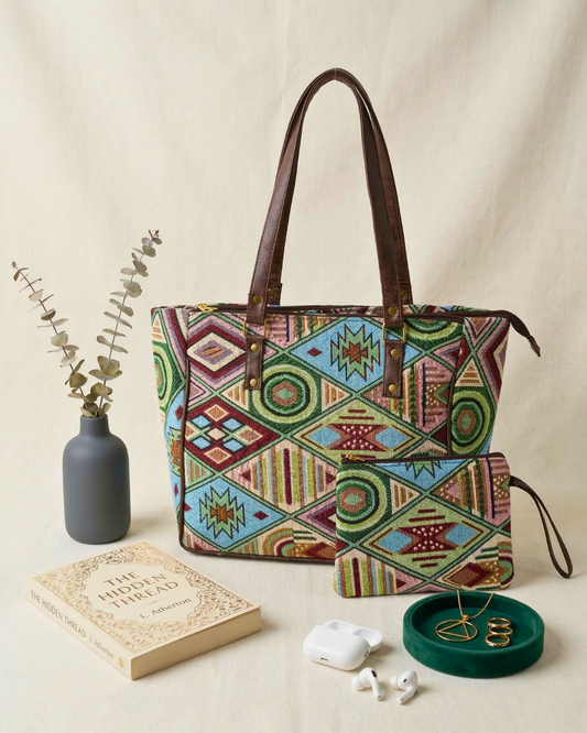 UT Jacquard 3-Partition Tote Bag with Free Phone Pouch - Multi Color Tribal - Surovi Bags