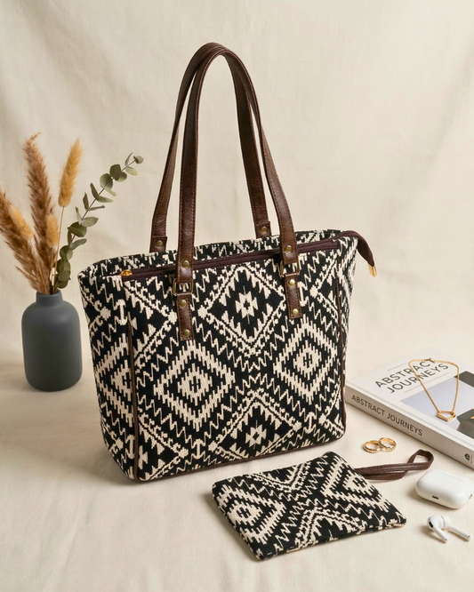 UT Jacquard 3-Partition Tote Bag with Free Phone Pouch - Black Tribal Weave - Surovi Bags