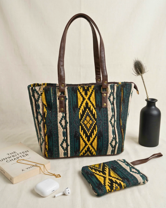 UT Jacquard 3-Partition Tote Bag with Free Phone Pouch - Green Weave - Surovi Bags