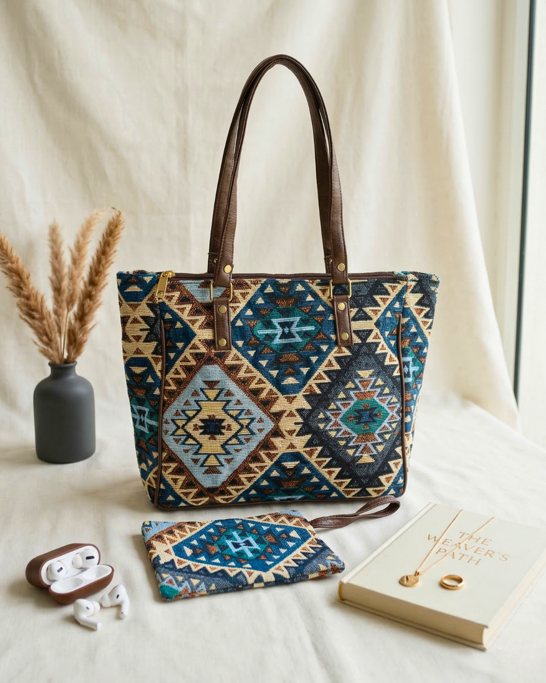 UT Jacquard 3-Partition Tote Bag with Free Phone Pouch - Navy Blue - Surovi Bags