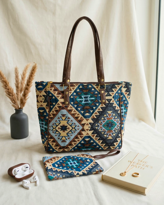 UT Jacquard 3-Partition Tote Bag with Free Phone Pouch - Navy Blue - Surovi Bags