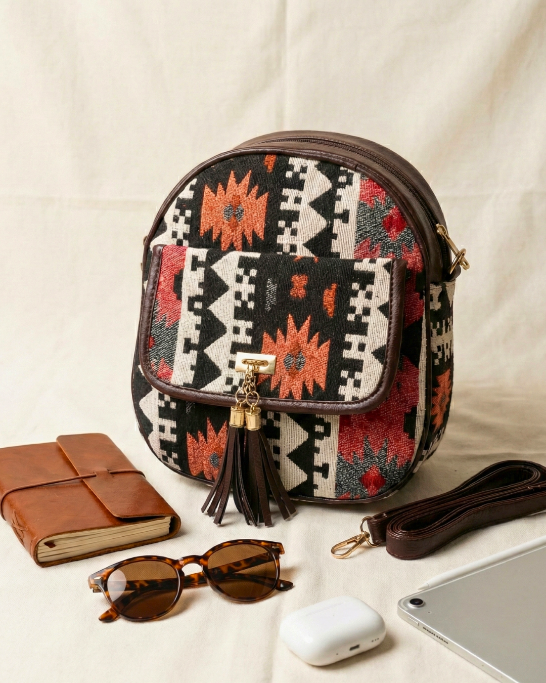 Jacquard Convertible Backpack cum Sling Bag - Orange Weave