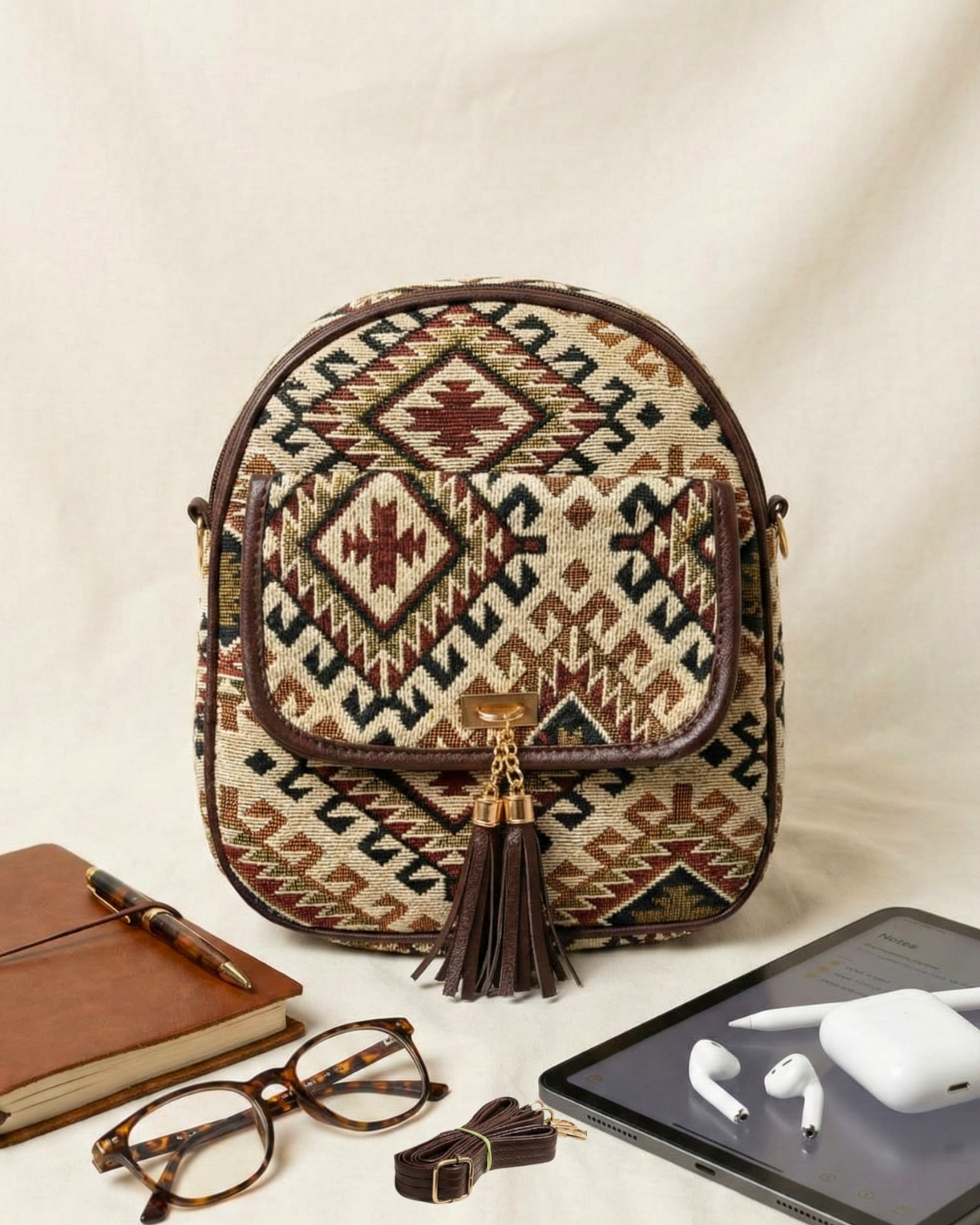 Jacquard Convertible Backpack cum Sling Bag - Cream