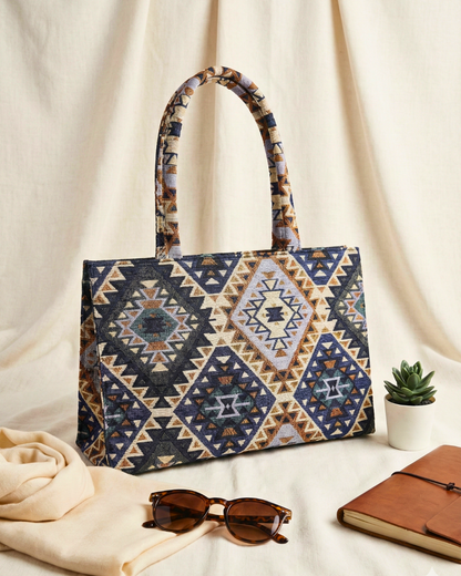 Jacquard Box Tote Bag for Women - Navy Blue Weave