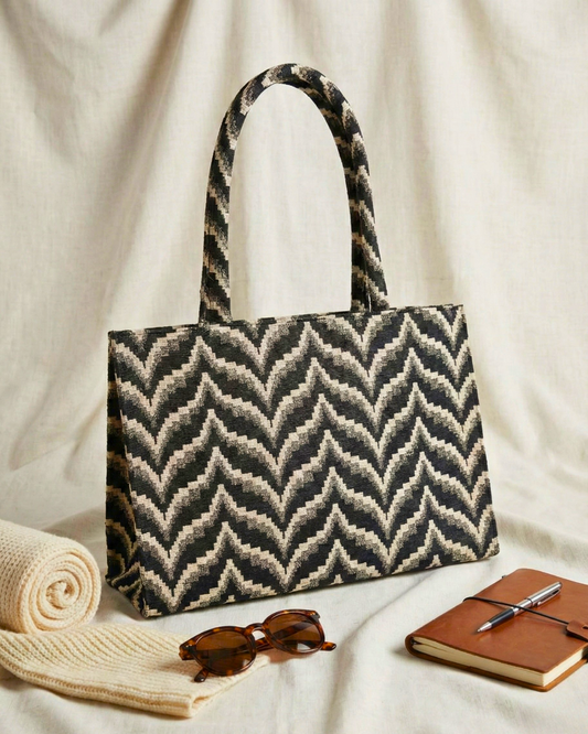 Jacquard Box Tote Bag for Women - Black and Grey Weave