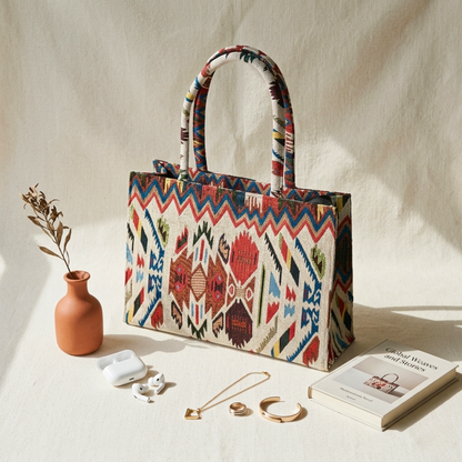 Premium Jacquard Box Tote Bag - Tribal Weave - Surovi Bags