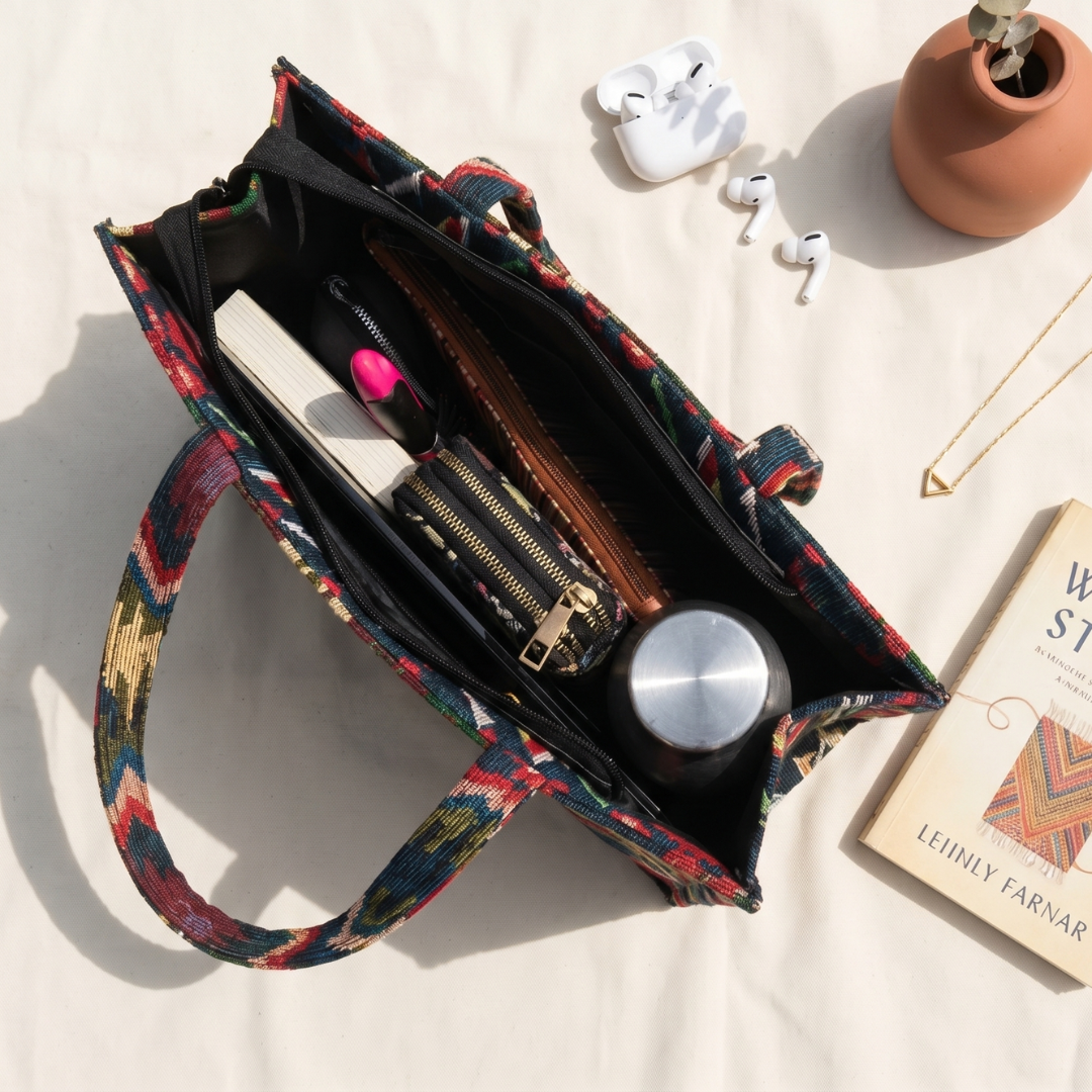 Premium Jacquard Box Tote Bag - MonoCrome Weave - Surovi Bags