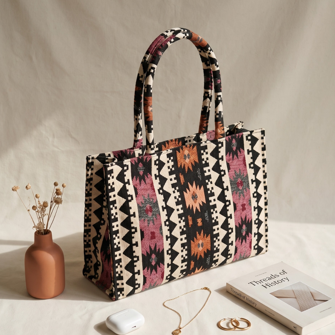 Premium Jacquard Box Tote Bag - Orange Weave - Surovi Bags