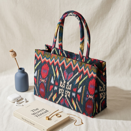 Premium Jacquard Box Tote Bag - Black Tribal Weave - Surovi Bags