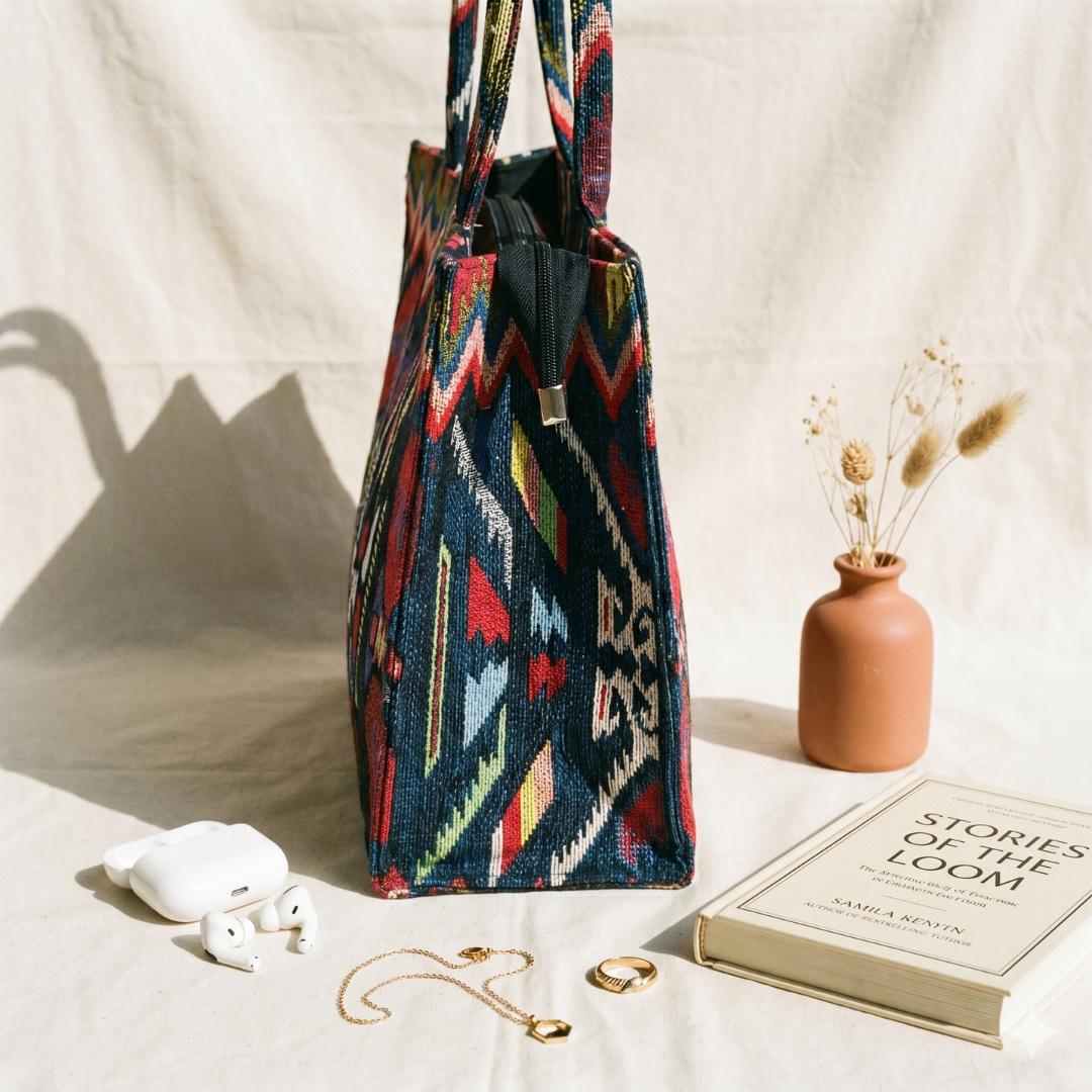Premium Jacquard Box Tote Bag - MonoCrome Weave - Surovi Bags