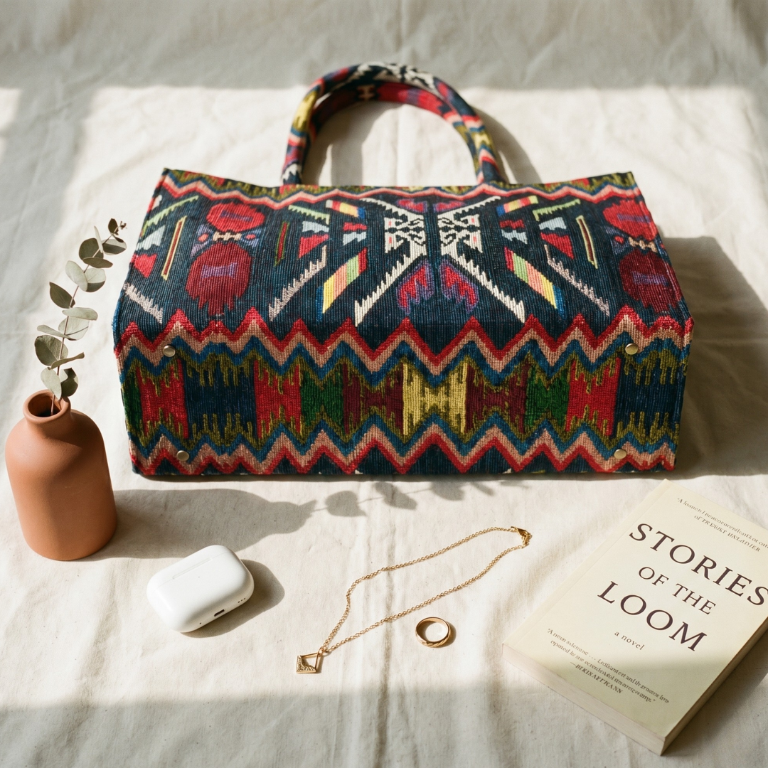 Premium Jacquard Box Tote Bag - MonoCrome Weave - Surovi Bags
