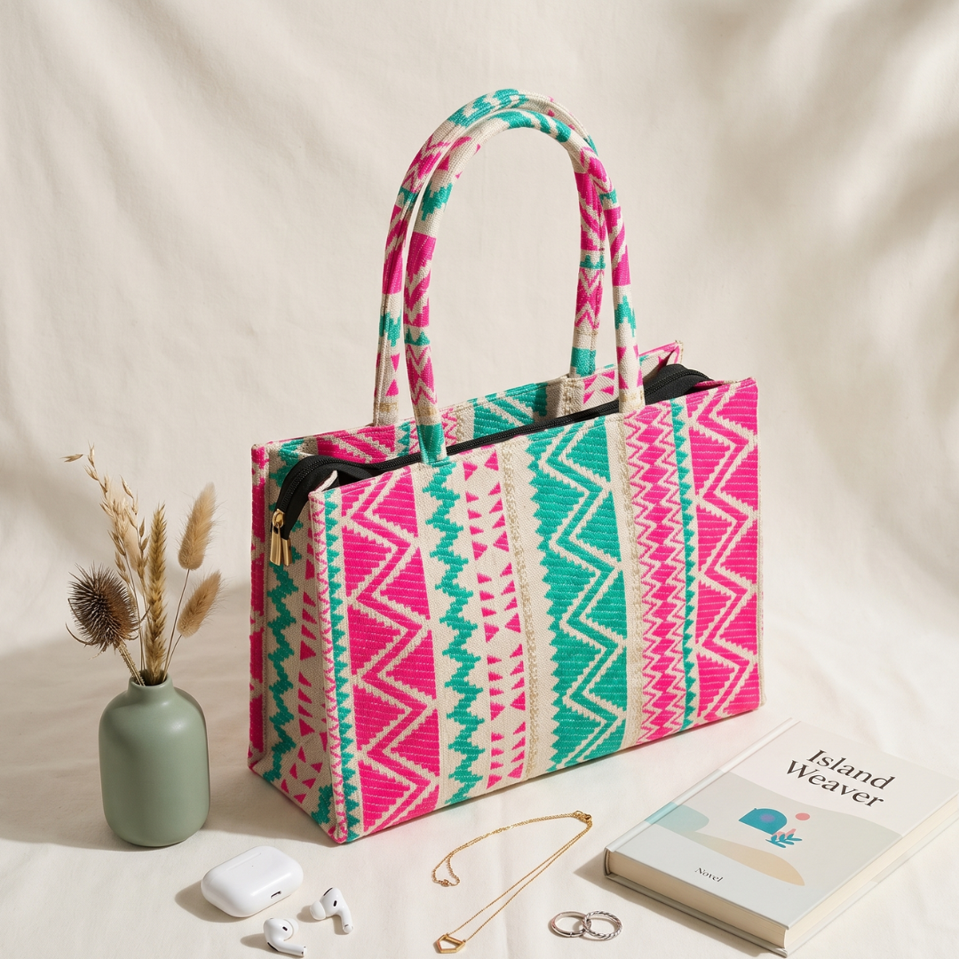 Premium Jacquard Box Tote Bag - Pastel Weave - Surovi Bags