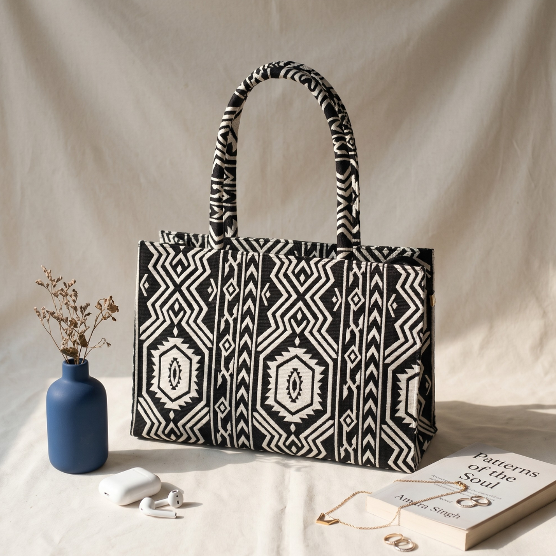Premium Jacquard Box Tote Bag - Black Weave - Surovi Bags