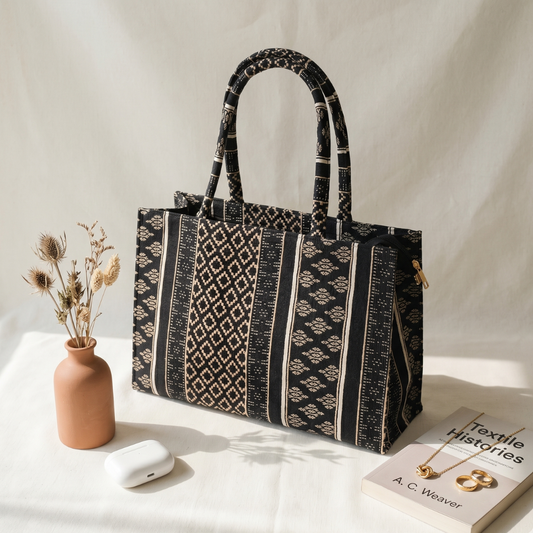 Premium Jacquard Box Tote Bag - Blue Weave - Surovi Bags