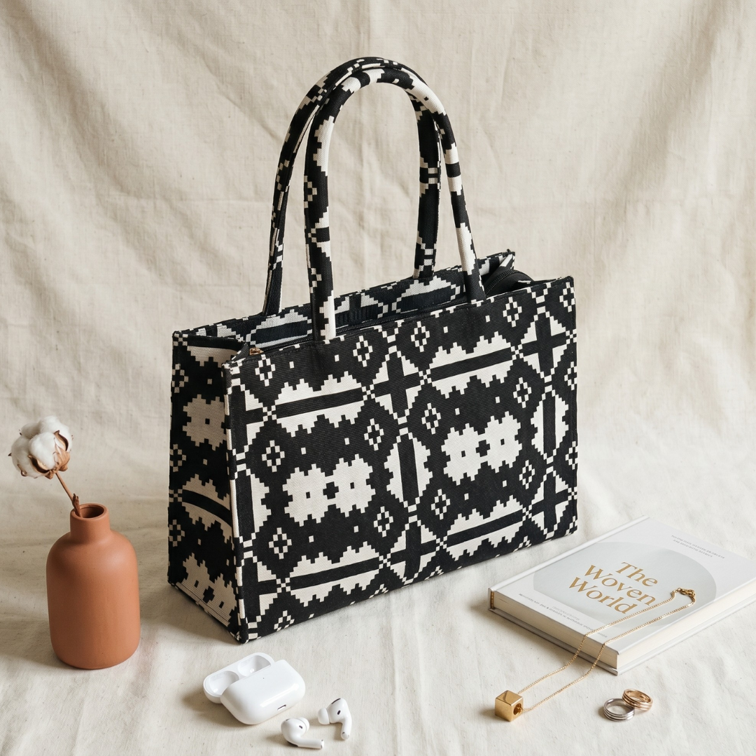 Premium Jacquard Box Tote Bag - MonoCrome Weave - Surovi Bags