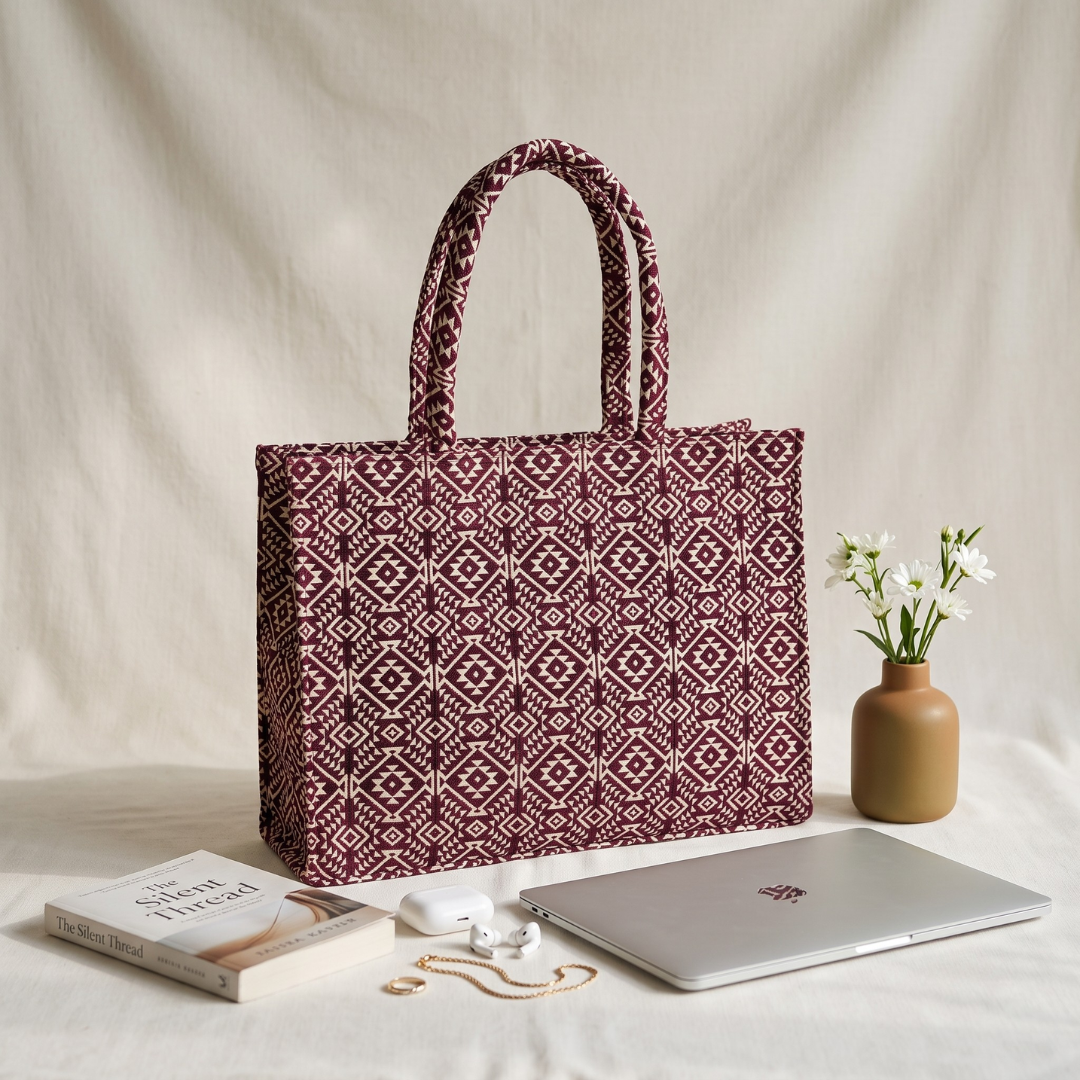 Jacquard Laptop Box Tote - Red Weave