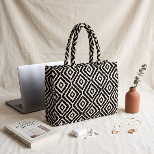 Jacquard Laptop Box Tote - Black Geometric weave - Surovi Bags