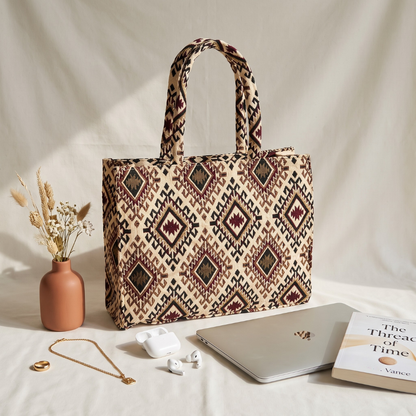 Jacquard Laptop Box Tote - Cream Weave
