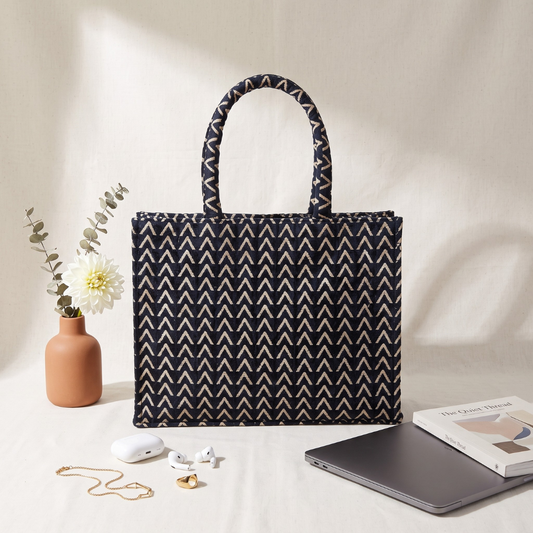 Jacquard Laptop Box Tote - Blue Strips - Surovi Bags