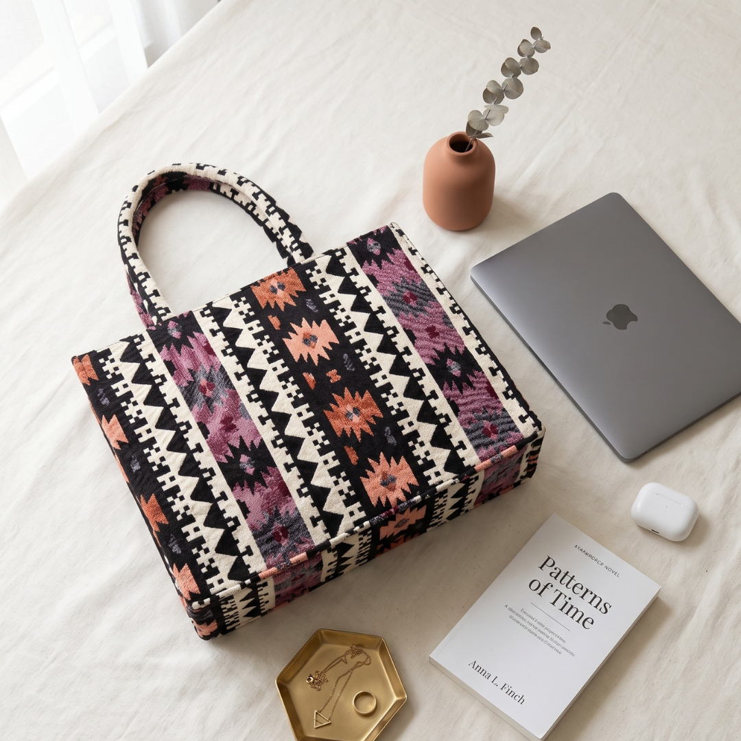 Jacquard Laptop Box Tote - Orange Tribal Weave