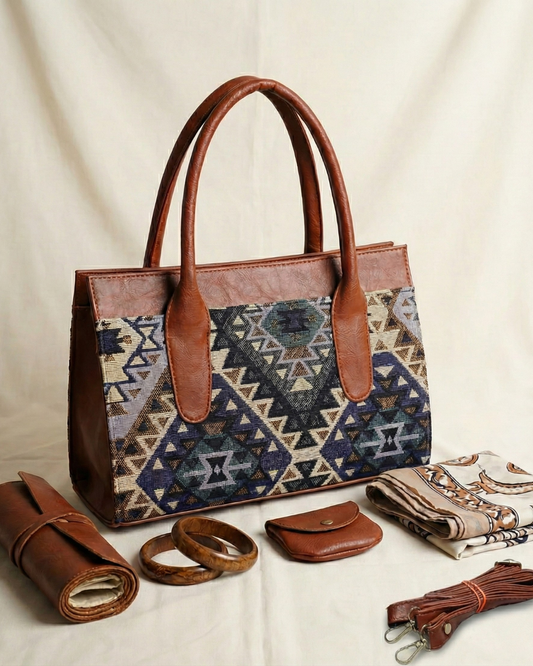 Women Urban Jacquard Handbag - Navy Blue