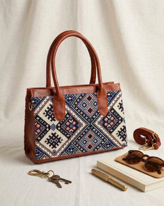 Women Urban Jacquard Handbag - Dark Blue - Surovi Bags