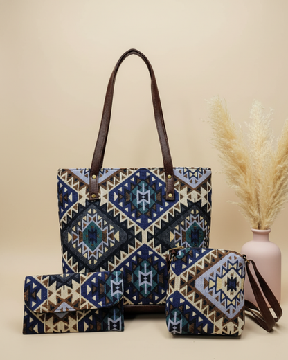 Gift Pack 3pc Combo Bags for Any Event - Blue Tribal Weave