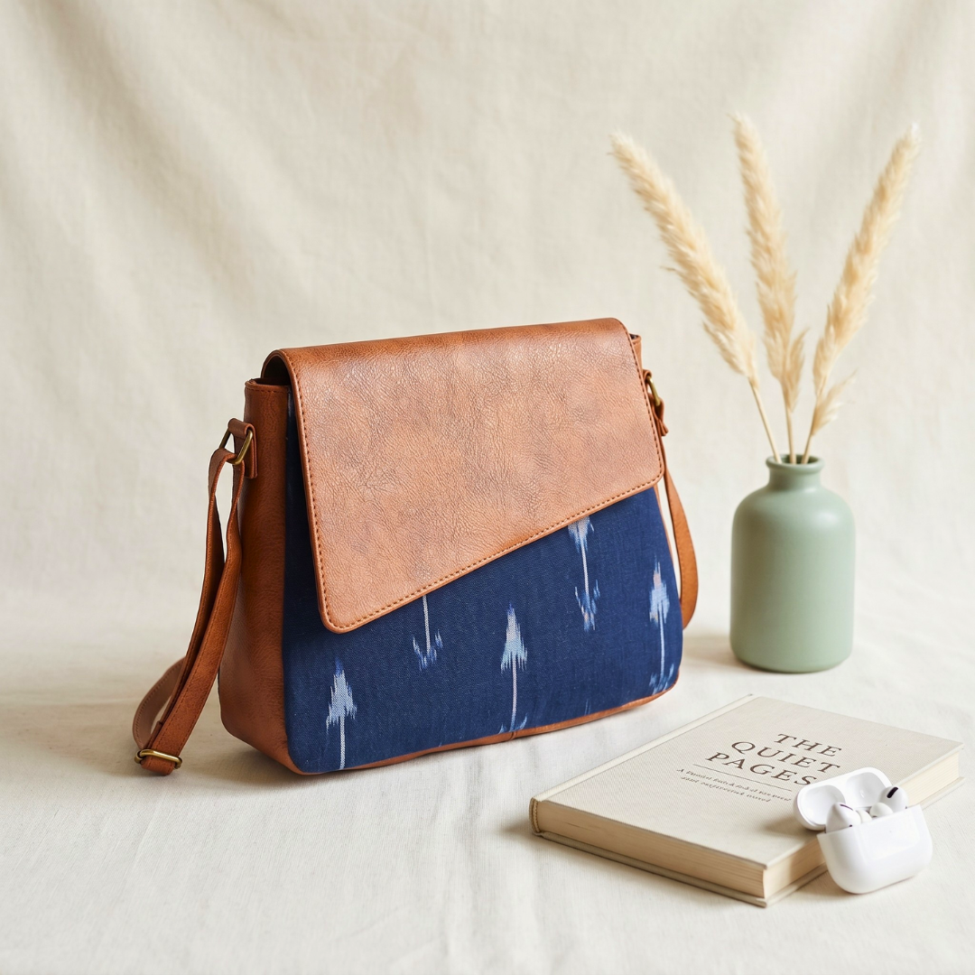 Trendy Printed Cotton Flap Sling Bag - Blue Ikkat Weave