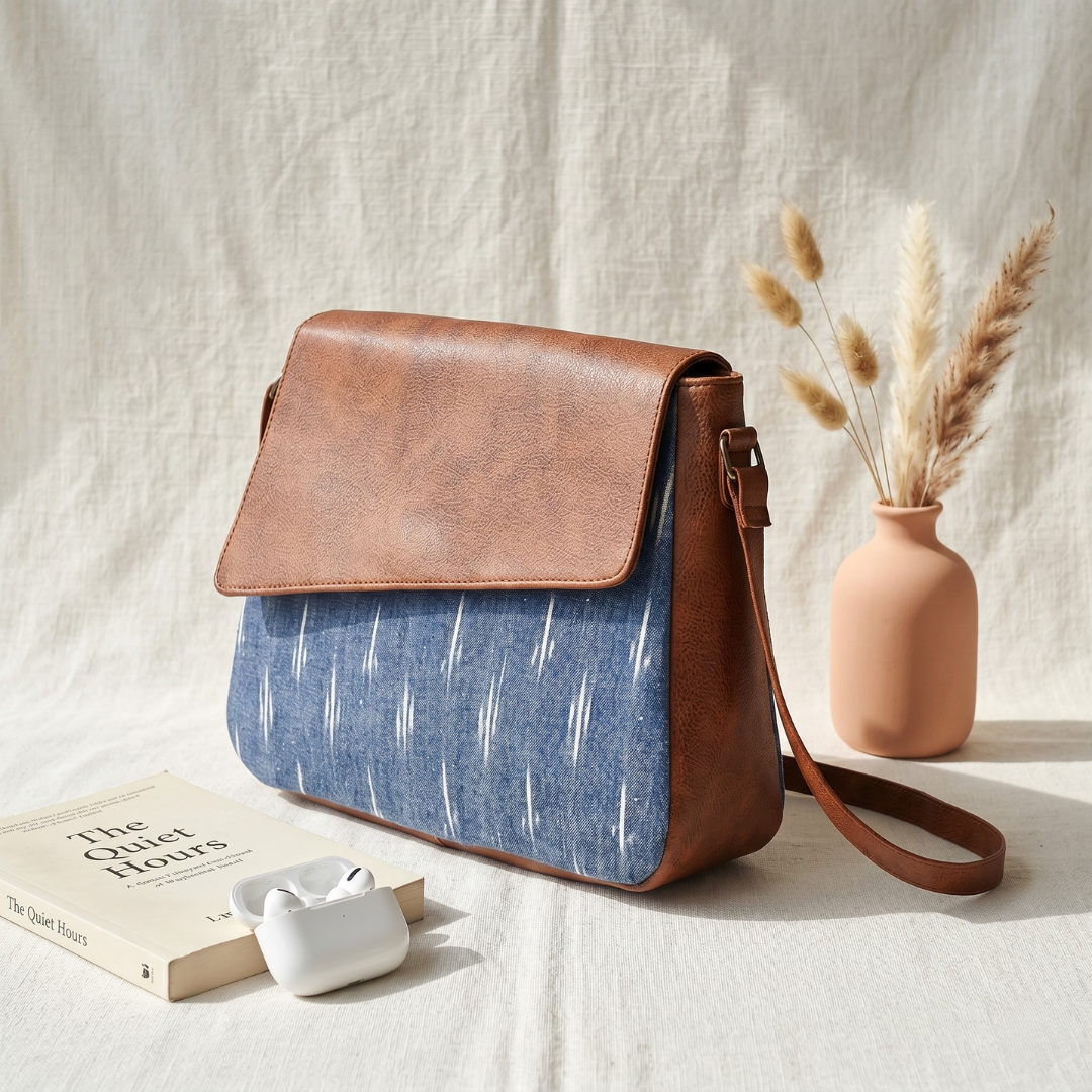 Trendy Printed Cotton Flap Sling Bag - Denim Weave