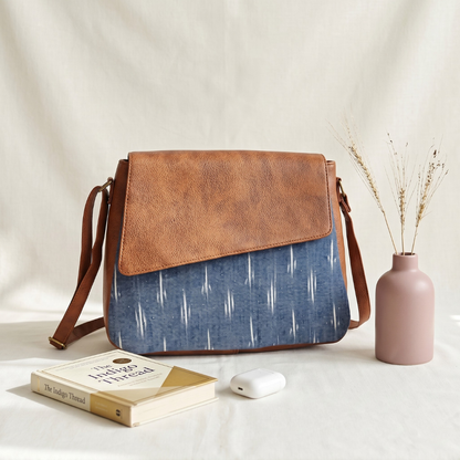 Trendy Printed Cotton Flap Sling Bag - Denim Weave