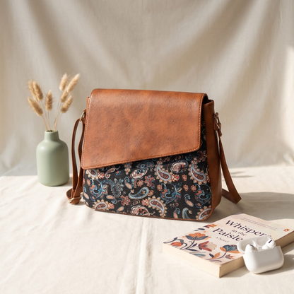 Trendy Printed Cotton Flap Sling Bag - Black Motif