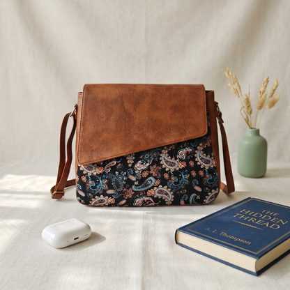 Trendy Printed Cotton Flap Sling Bag - Black Motif