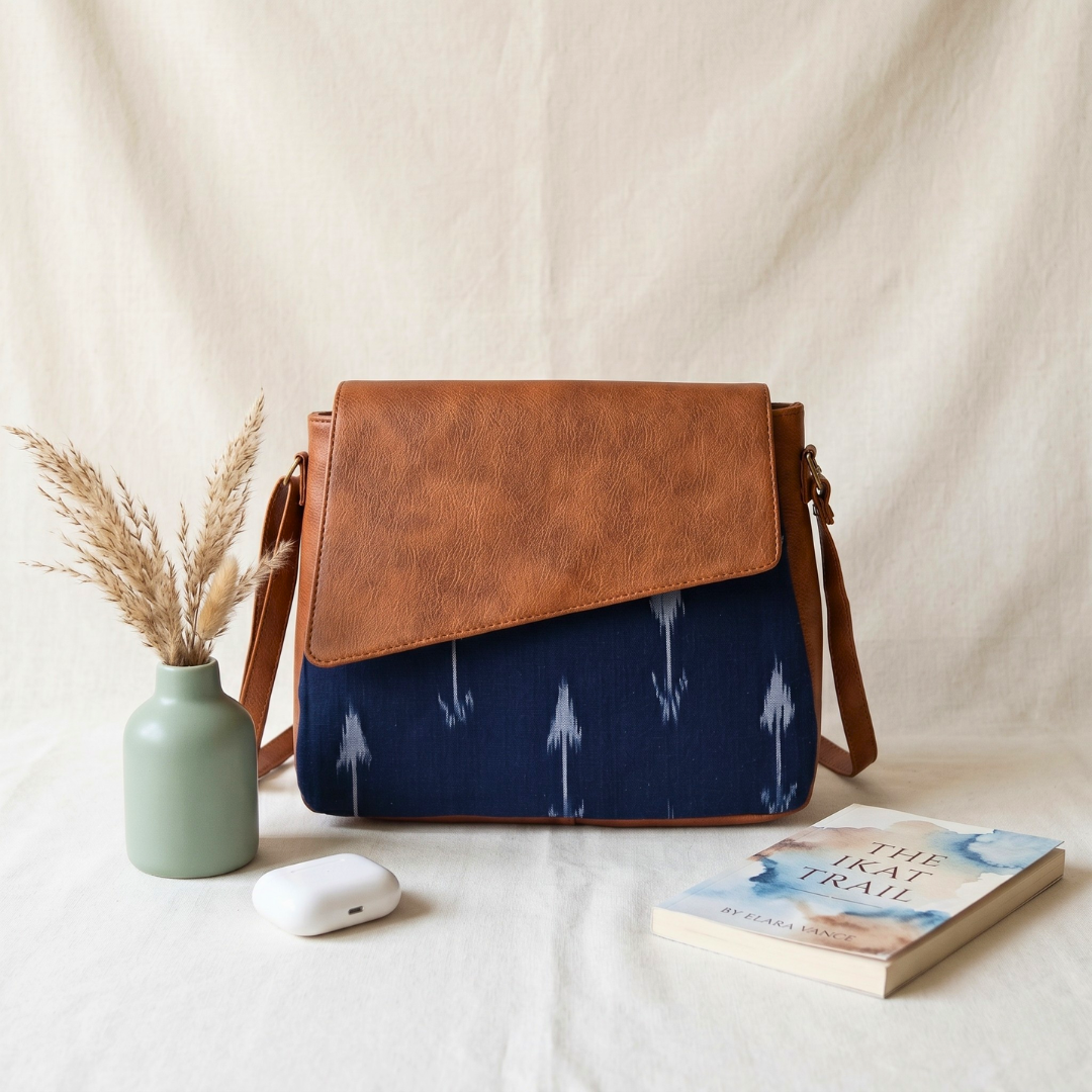 Trendy Printed Cotton Flap Sling Bag - Blue Ikkat Weave