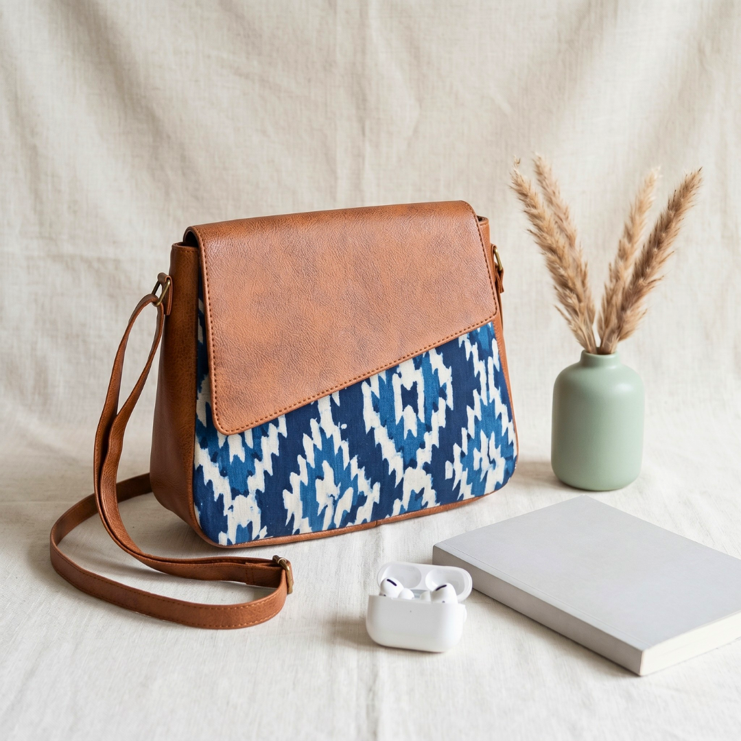 Trendy Printed Cotton Flap Sling Bag - Blue Weave