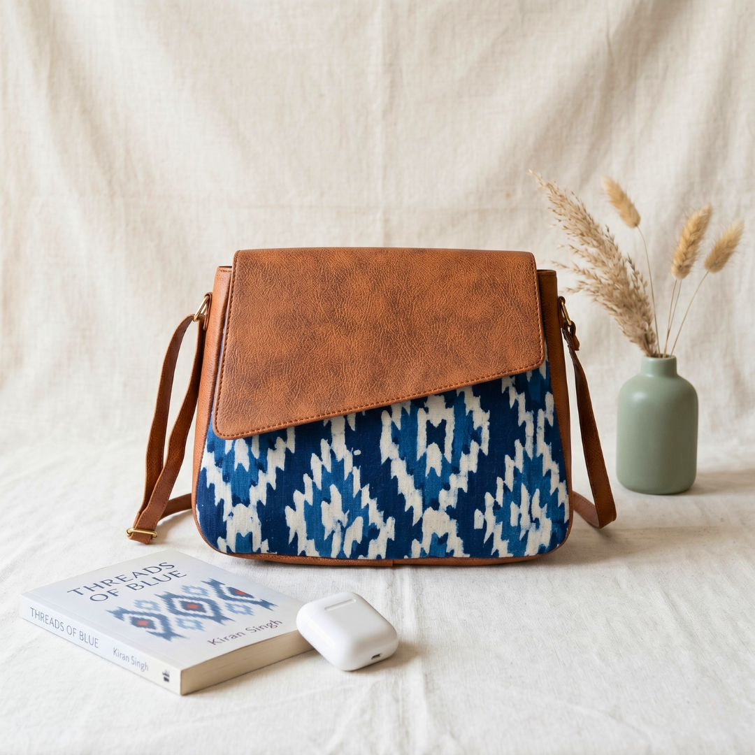 Trendy Printed Cotton Flap Sling Bag - Blue Weave