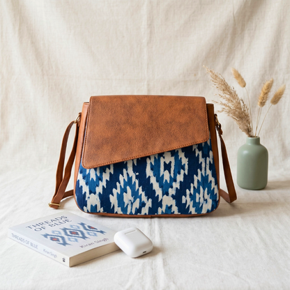 Trendy Printed Cotton Flap Sling Bag - Blue Weave