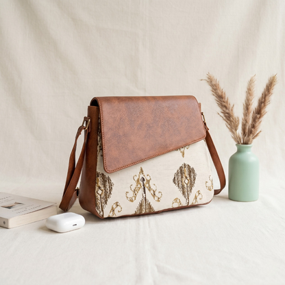 Trendy Printed Cotton Flap Sling Bag - White